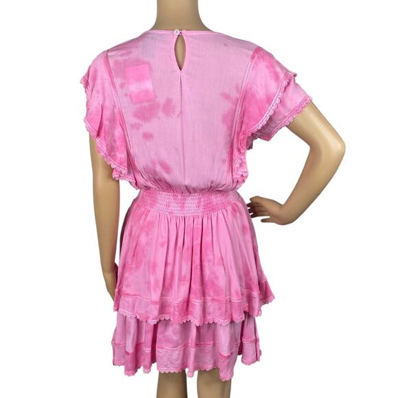 Pastel Pink Crochet Lace Tiered Ruffle Flutter Sleeve Dress SZ XS - Picture 7 of 10